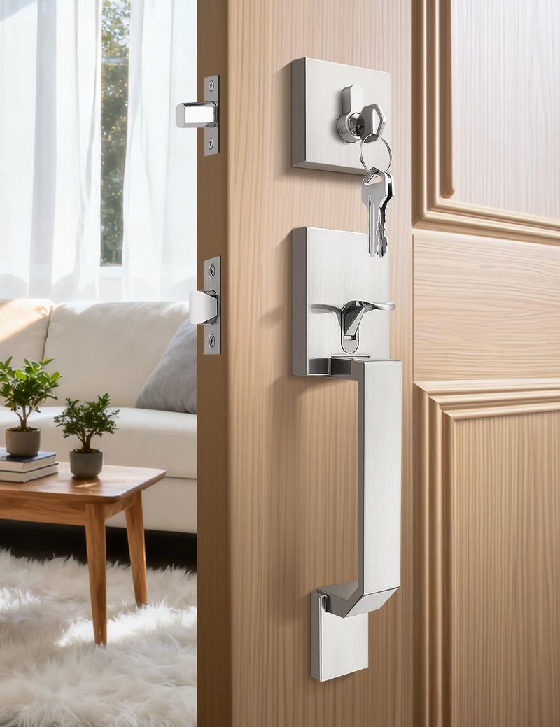 Tinewa Satin Nickel Square Front Door Handle with Classic Door Lever and Single Cylinder Deadbolt, Upgrated Exterior Entry Door Lock, Reversible for Left & Right Handed 1 Pack - Image 2